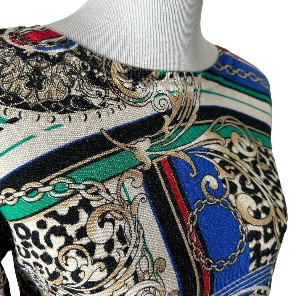 Baroque Medallion Scarf Print Long Sleeve Tunic Blouse Leopard Knit M Blue Multi - Picture 5 of 13